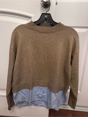 Women’s Layered-Look Sweater in Taupe with Blue Shirt Hem